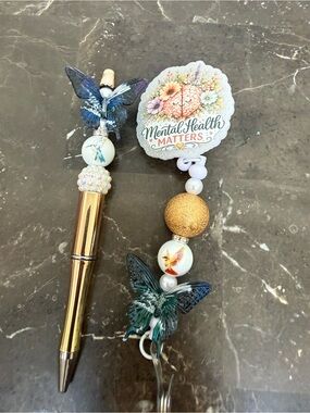 Mental Health Matters Butterfly Beaded Pen and Matching Badge Reel Set Handmade